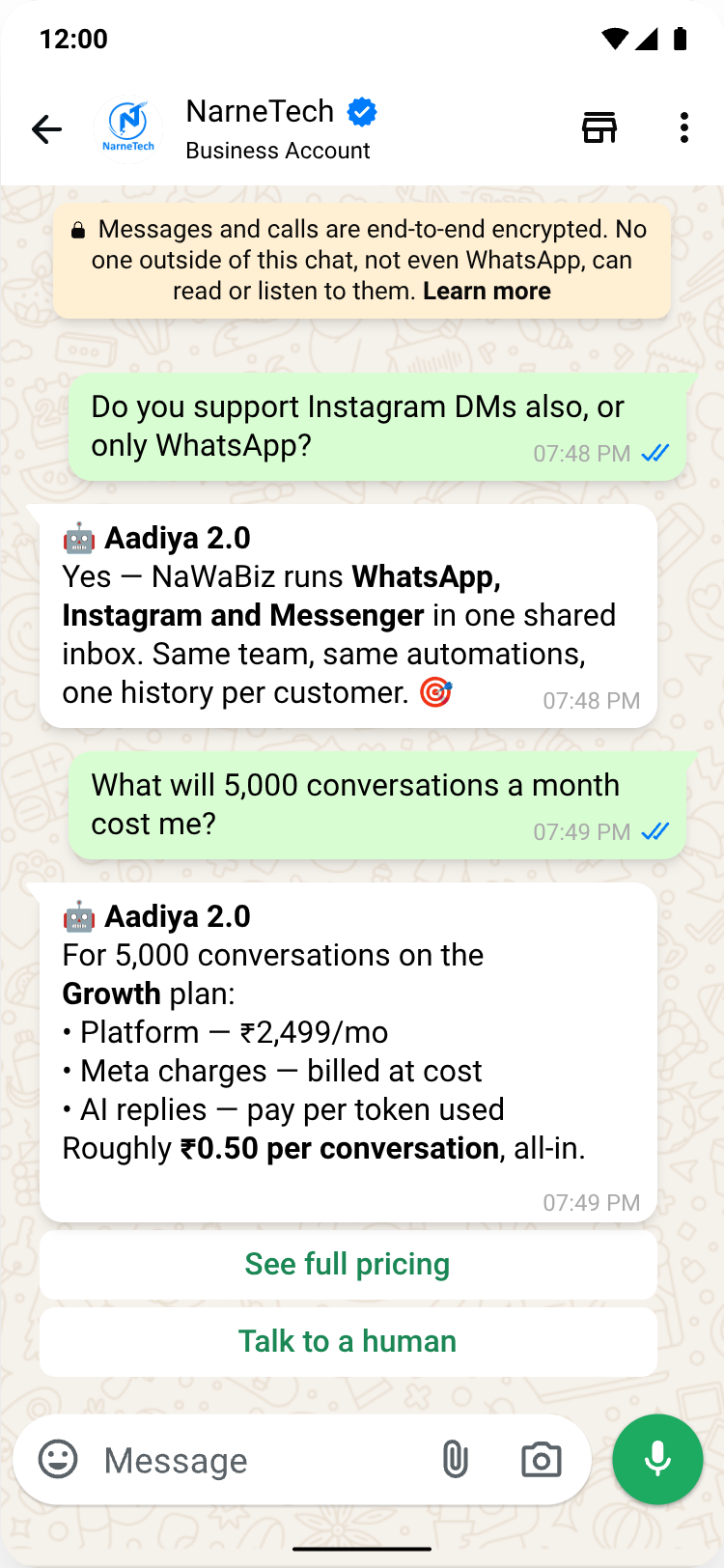 NaWaBiz AI chatbot answering customer questions from the business's own documents, with a talk-to-a-human handoff