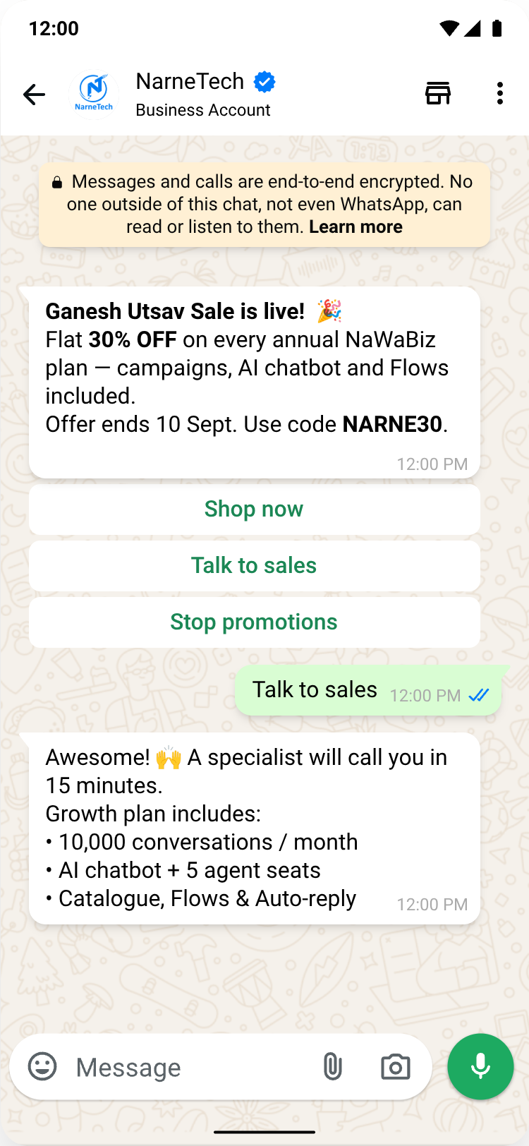 NaWaBiz broadcast campaign message with Shop now and Talk to sales buttons