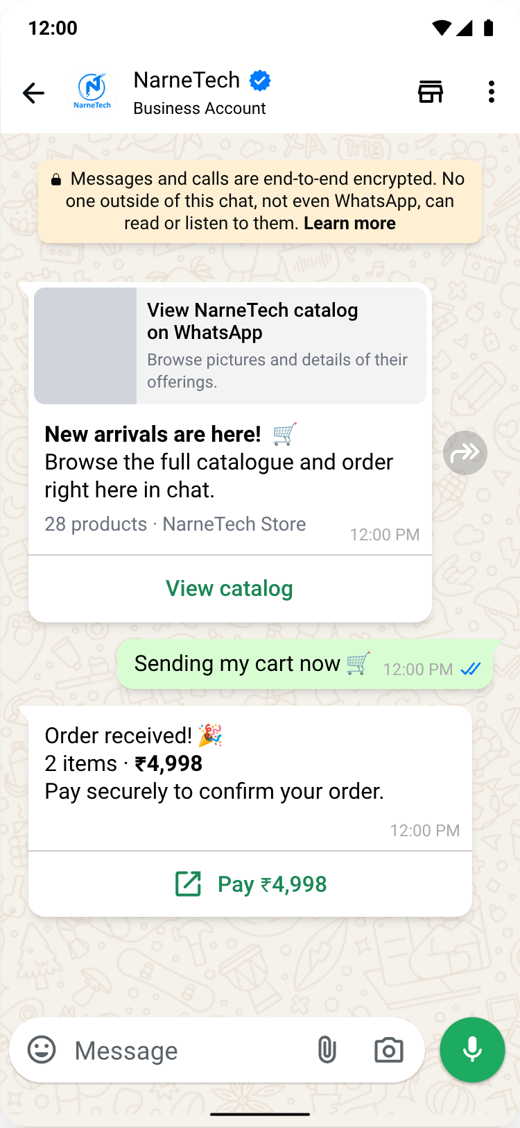 WhatsApp catalogue order on NaWaBiz: a customer browses the catalog, sends a cart and pays without leaving the chat