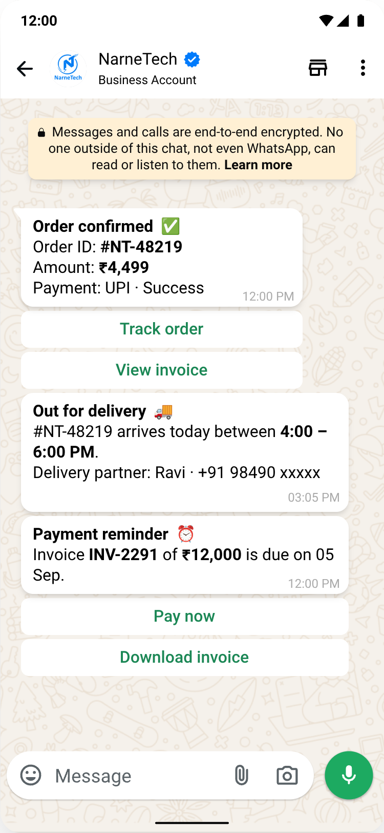 NaWaBiz order and payment alerts: order confirmed, out for delivery, and a payment reminder with a pay-now button